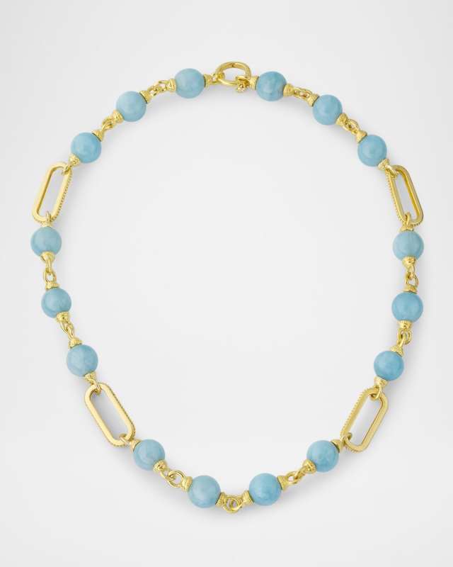 18K Yellow Gold Aquamarine Beaded Necklace, 17"L